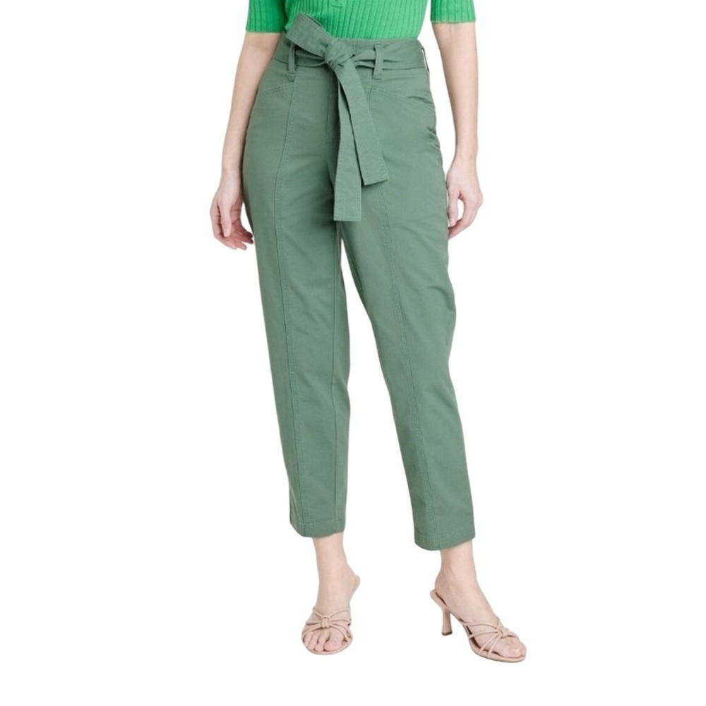 A New Day Stretch High Rise Belted Crop Pants Trousers Green Casual Women Sz 14
